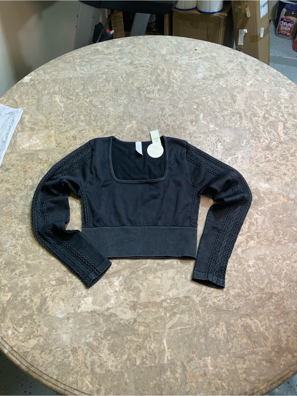 aerie Black Ribbed Square-Neck Cropped Long Sleeve Top